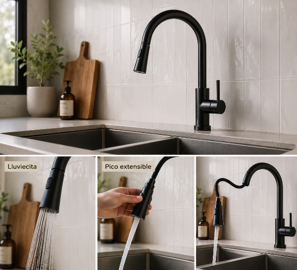 Producto - Grifería pico curvo cuello extensible regulador lluvia - Negro industrial - BAR - 1