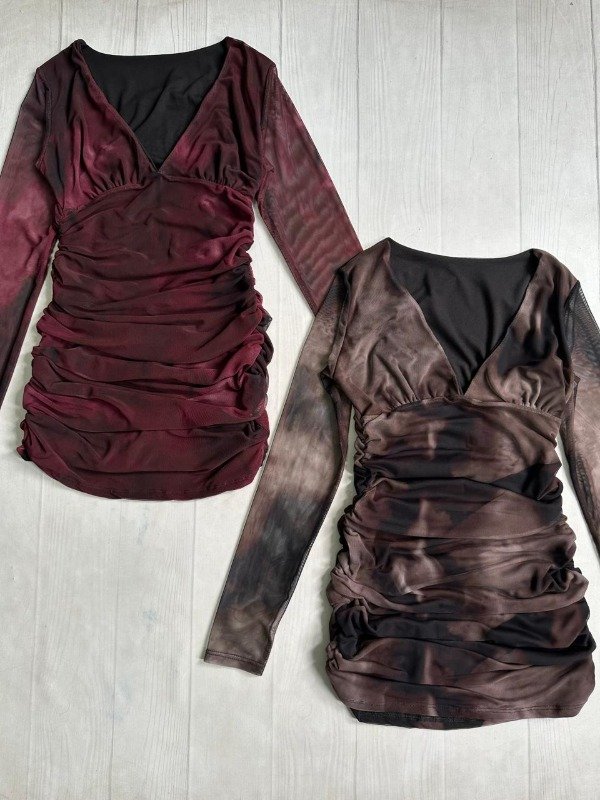 Producto - [7743] Vestido m/l escote V full frunces SUBLIMADO tul