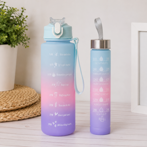 Producto - Set x2 Botellas Motivacionales con Marcador Horario (600 ml + 280 ml)