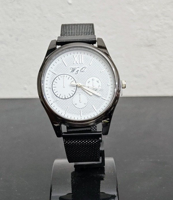 Producto - Reloj Redondo Esfera Blanca Malla inmantada Negra
