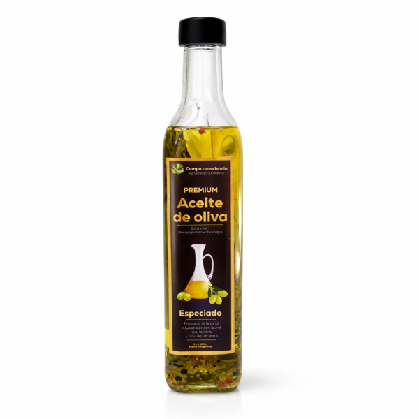 Producto - Aceite de oliva agroecológico especiado extra virgen - PREMIUM - 500ml.