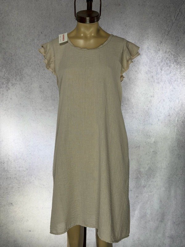 Producto - VESTIDO LIENZO BEIGE CON VOLADOS Y BOLSILLO