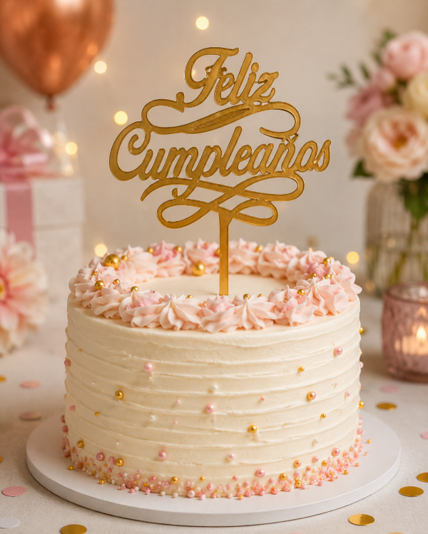 Producto - Topper feliz cumpleaños  cursiva dorado con líneas