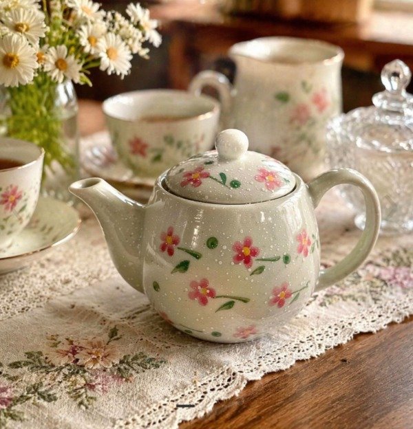 Producto - Tetera de Ceramica + Infusor Diseño Poema de Flores - 17.5 x 10.5 x10.5 cm - 1