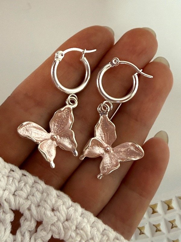 Producto - AB1657 Aros argollita mariposa rosa acero blanco