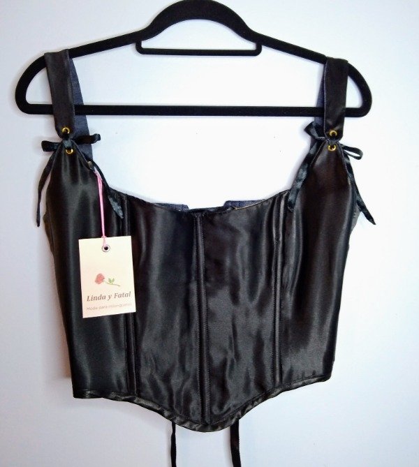 Producto - Corset Reversible saten  negro y denim azul/escocés, Talle M (42/44)
