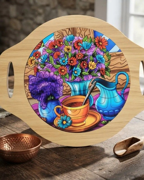Producto - Posa Pava Fuente con asas Madera- Dibujo en PVC Redonda - 5