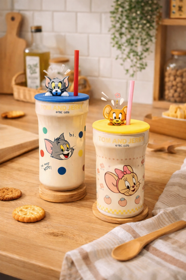 Producto - Vaso ceramico termico con tapa y sorbete Tom y Jerry