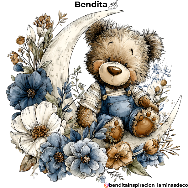 Producto - Bendita Plancha oso sentado en luna con flores azules