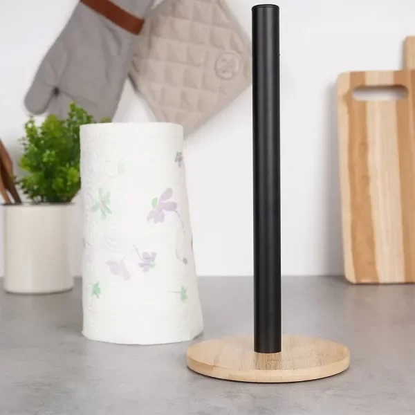 Producto - Porta Rollo De Cocina Acero Inoxidable Base De Madera 33cm Negro