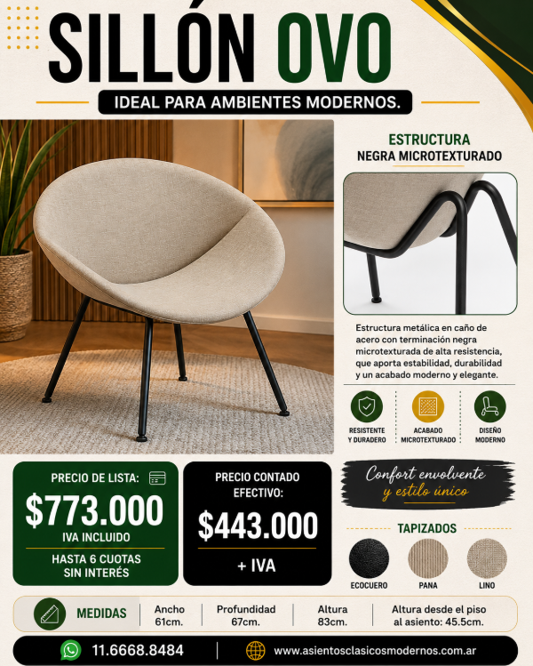 Producto - POLTRONA SILLÓN OVO, Patas Pintadas, Tapiz Lino/Pana/Ecocuero!! - 0