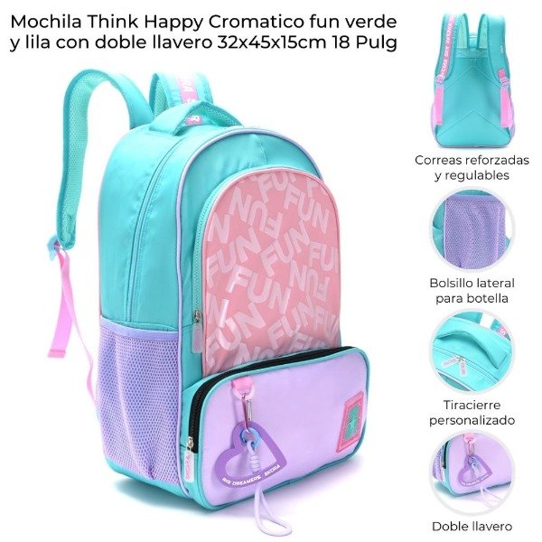 Producto - MOCHILA THINK HAPPY CROMATICO FUN VERDE  Y LILA CON LLAVERO 42894