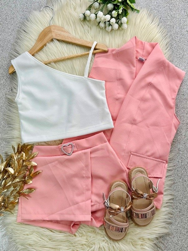 Producto - TRÍO CORAZÓN SALMÓN (BLAZER + TOP + SHORT POLLERA)