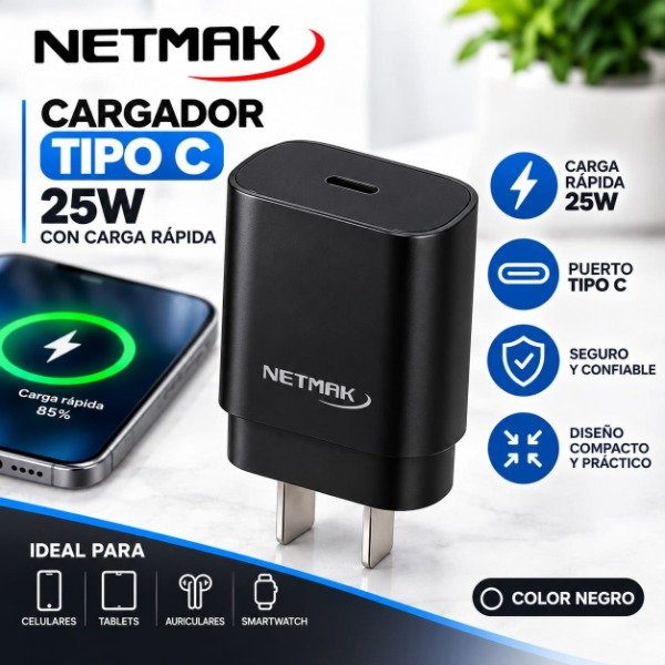 Producto - CABEZAL CARGADOR NETMAK TIPO C 25W CARGA RÁPIDA NEGRO
