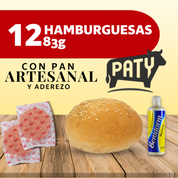 Producto - 12 HAMBURGUESAS 83grs PATY C/ PAN Y ADEREZO