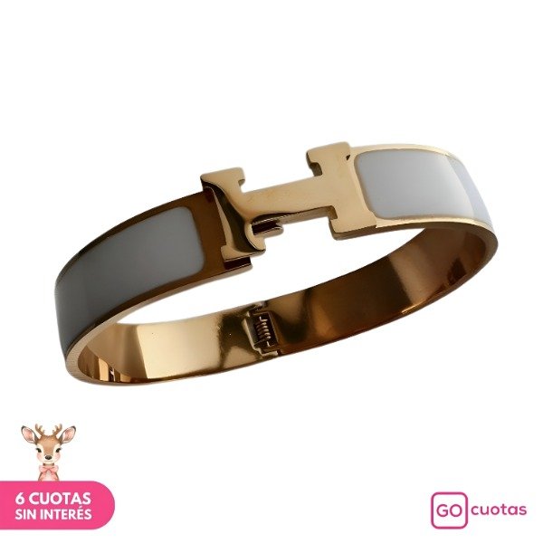 Producto - Pulsera Gruesa Hermes Gold Blanca Acero Waterproof Hipoalergénico