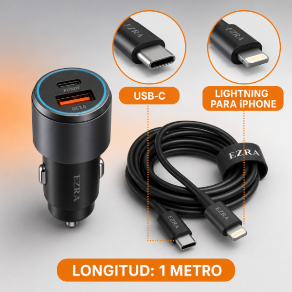 Producto - Adaptador Metalizado de Auto + Cable TPC-IOS - USB-TPC  48W PD30-QC3.0 EZ-E01. - 2