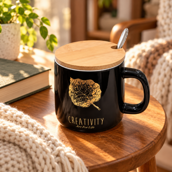 Producto - TAZA DE CERAMICA CON TAPA DE BAMBÚ  Y CUCHARA DISEÑO DORADO SURTIDO 300ML - 3