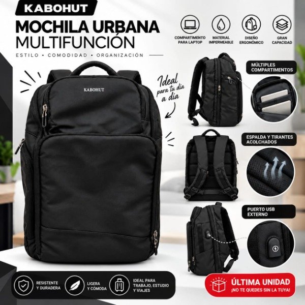 Producto - Mochila Kabohut Negra Multifunción Última Unidad de Exhibición, mochila premium