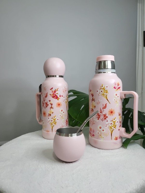Producto - Set termo 1.3 L + mate + bombilla + base antideslizante (flores)
