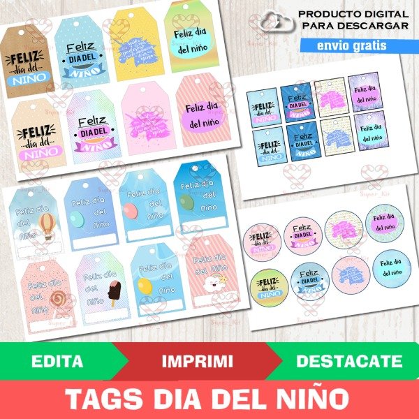 Producto - Kit Imprimible TAGS Dia Del Niño Editables