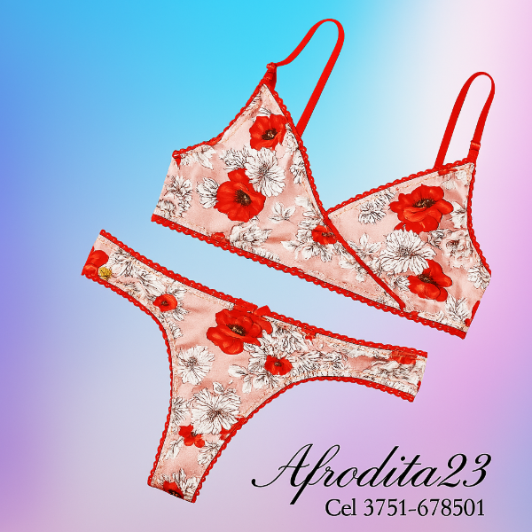 Producto - Conjunto de corpiño cruzado bombacha cola less modal amapolas Talle 1 Cod A7-20