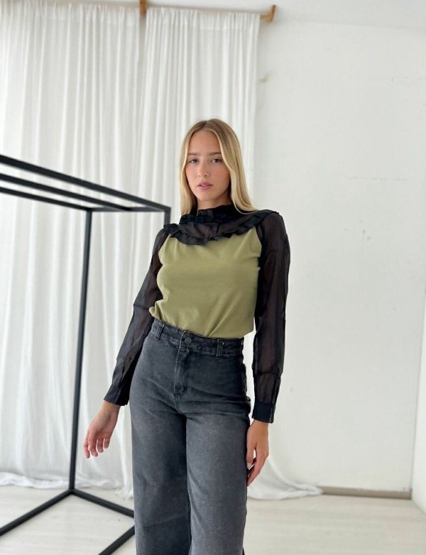 Producto - Blusa de morley de algodón elastizada - las mangas de gasa