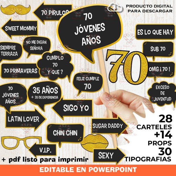 Producto - Kit Imprimible 70 años Photo Props Cartelitos Editable y Pdf