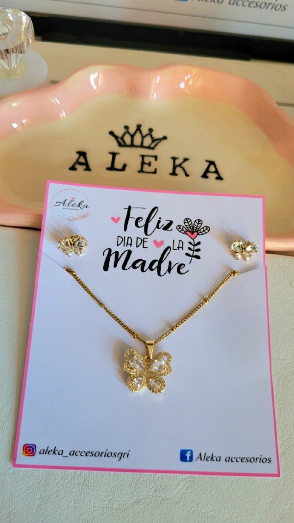 Producto - Conjunto collar y aros mariposa con cubic y micropavé de acero dorado - 0