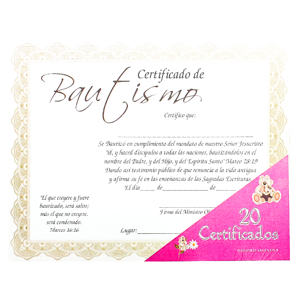 Producto - PROMO Certificados De Bautismo Mod 001 (PACK X20 UNIDADES)