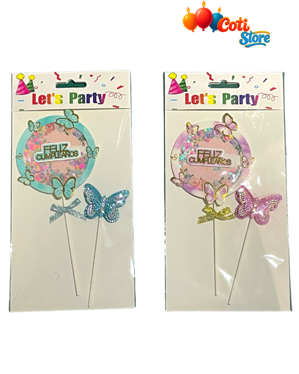 Producto - Topper "Feliz Cumpleaños" con mariposas y efecto shaker