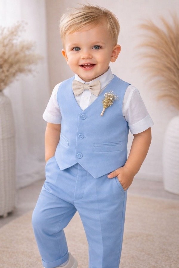 Producto - Traje de niño chaleco y pantalon gabardina celeste