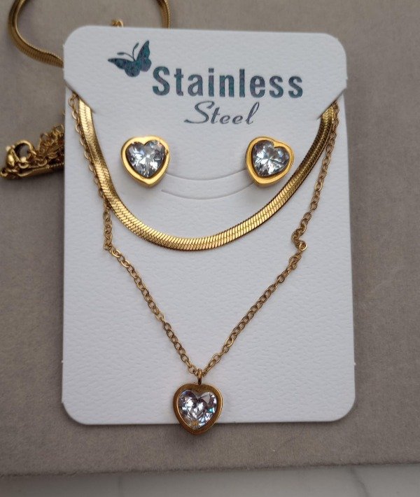 Producto - Collar doble + Aros Dorados - Cubic Corazón