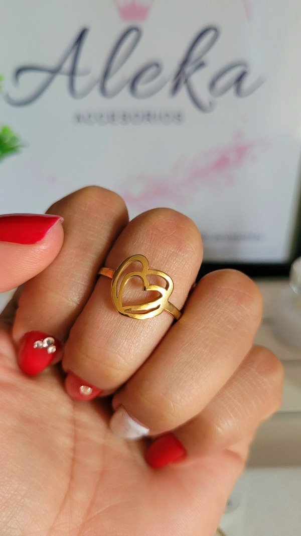 Producto - Anillo doble corazón (talle 18-19)de acero dorado - 0