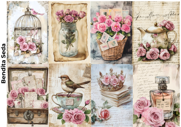 Producto - Bendita Seda 018 Shabby Chic rosas y pájaros (Decoupage)