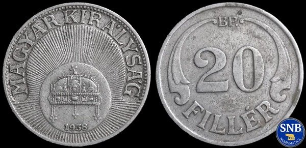Producto - Hungría - 20 Filler (1938) KM #508 - Periodo de Alineamiento Fascista