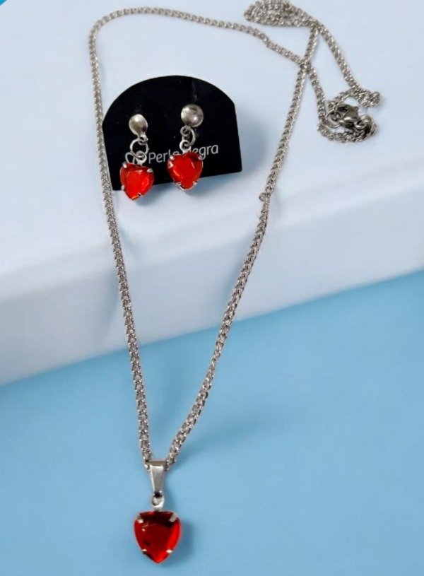 Producto - Conjunto aritos y collar 45 cm Corazon Rojo