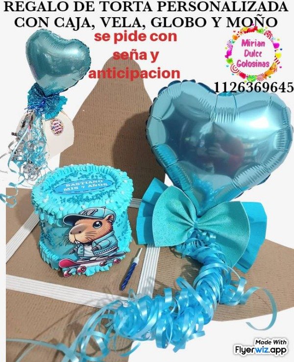 Producto - Mini desayuno carpincho torta personalizada con caja vela moño globo