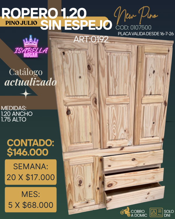 Producto - ROPERO PINO 1.20 S/ESPEJO