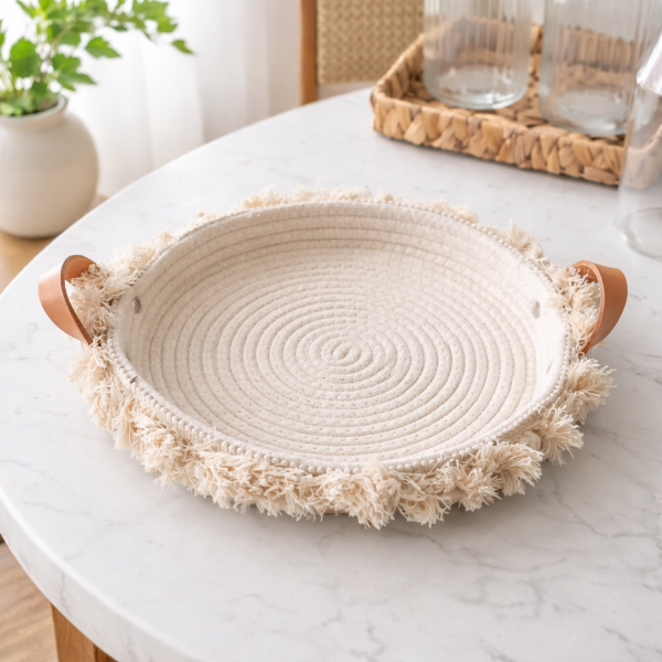 Producto - CESTA BANDEJA ORGANIZADORA DE HILO CON FLECOS Y ASAS DE CUERO