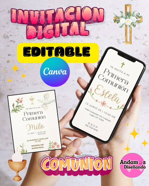 Producto - INVITACIÓN DIGITAL EDITABLES EN CANVA. COMUNIÓN