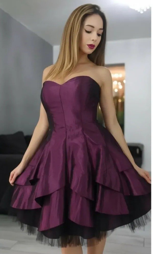 Vestido corto con capas strapless tafetán — imagen 3