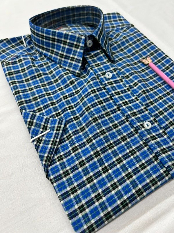 Producto - Camisa Manga Corta de Cuadros mini Negros con Azul Marino.