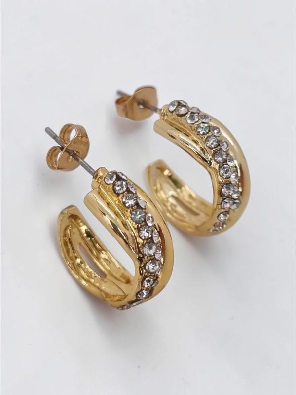 Producto - Aros acero dorado pasante semi argollita ancha doble línea strass tors