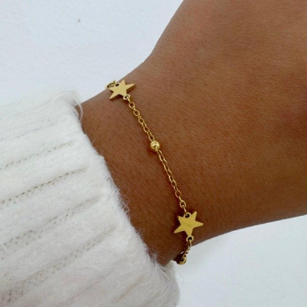 Producto - PULSERA DORADA ESPEJITO CON ESFERAS Y ESTRELLAS LISAS
