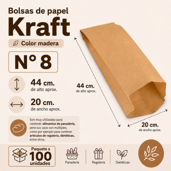 Producto - BOLSA PAPEL KRAFT PARA PANADERÍA N  8(44 x 20) X100 uds