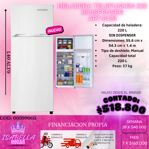 Producto - HELADERA TELEFUNKEN 220L S/DISPENSER