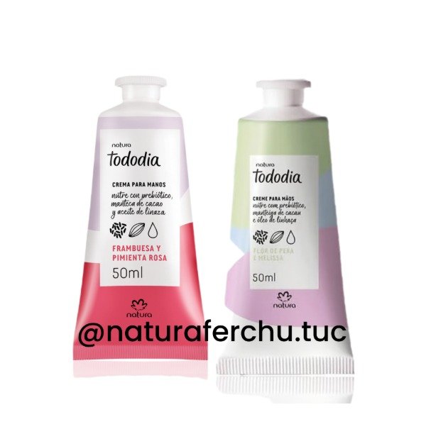 Producto - 2 cremas de manos tododia, frambuesa y pimienta rosa, flor de pera y melisa