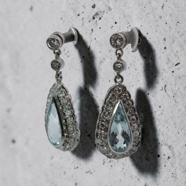 Producto - Aros Art Deco platino , brillantes y agua marina - 2