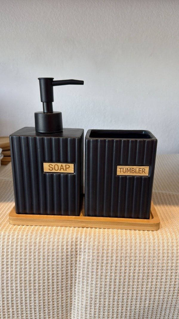 Producto - Set Dispenser y vaso cerámica con base de bambu- SIN STOCK